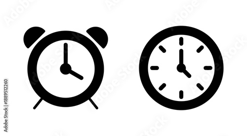 Alarm clock and clock icons isolated on white background, black simple symbols representing time management and punctuality for modern design projects
