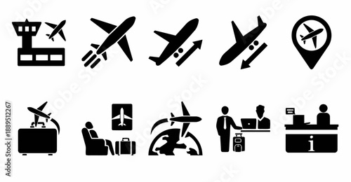 Airport and travel icons including control tower, airplane, luggage, passengers, and check-in desk, depicting journey, transport, and aviation services.