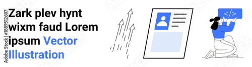 Business growth, digital identity, software development, online profile, programming, innovation. Arrows growth, ID card and coding person. Business growth and digital identity