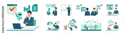 AI driven DX business scene set showing paperless office workflow, automation, document management, data sharing, security, meetings and modern digital transformation in workplace illustration