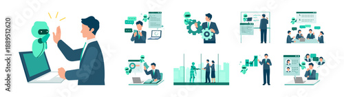 AI powered business scene set illustrating conversation support, office assistance, document creation, data analysis, automation and efficient administrative workflow in modern workplace