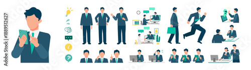 Businessman pose set with AI usage and remote work scenes showing presentation, explanation, thinking, problem solving and daily tasks in modern hybrid working style