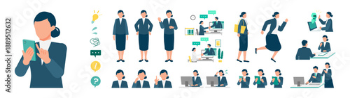 Working woman pose set with AI usage and remote work scenes showing presentation, explanation, communication, problem solving and daily business tasks