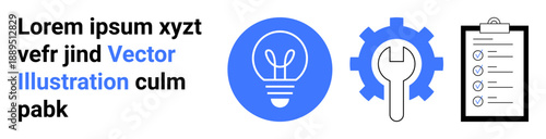 Innovation, project management, workflow, engineering, brainstorming, productivity. Blue lightbulb, gear with wrench and checklist clipboard icons. Innovation and project management