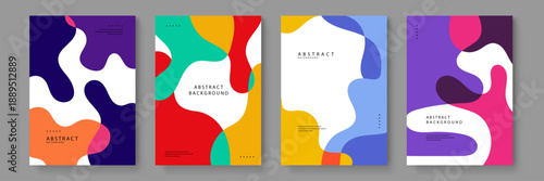 A set of modern abstract backgrounds with overlapping fluid shapes and bold saturated color palette