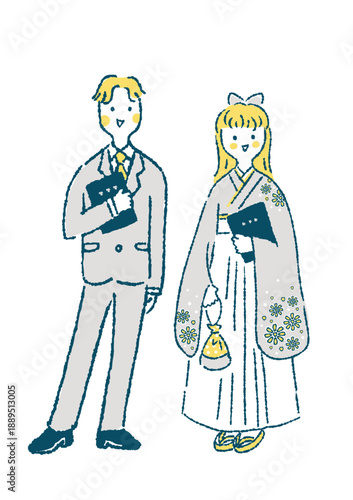 卒業証書を持って立っている袴姿の女性とスーツの男性のイラスト