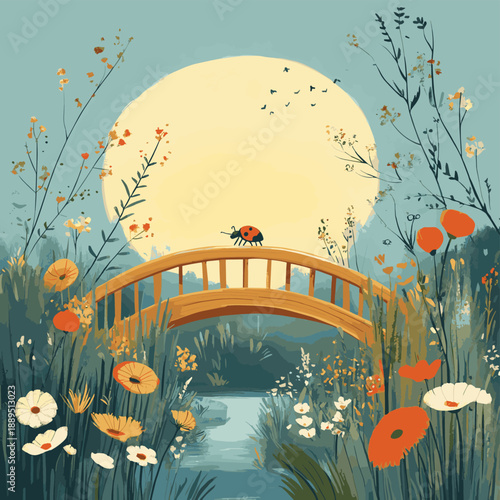 Whimsical Bug Adventure on a Tranquil Bridge , vector style simple color