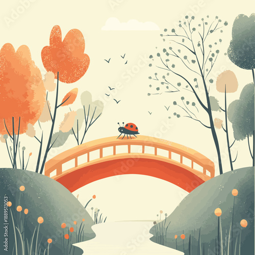 Whimsical Bug Adventure on a Tranquil Bridge , vector style simple color