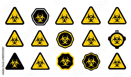 Biohazard warning symbol icon set in black and yellow vector isolated on transparent background