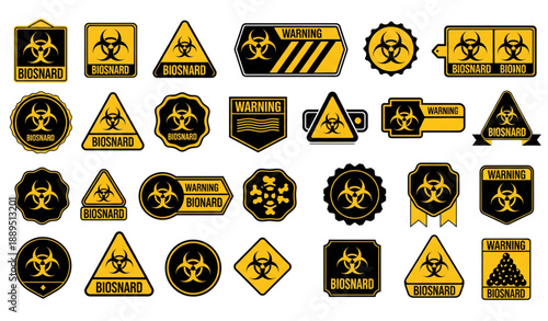 Biohazard sign badge and label vector set black and yellow isolated on transparent background