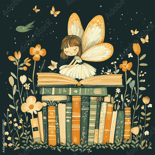 Whimsical Fairy in Enchanted Library Garden, vector style simple color