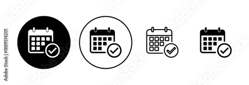 Calendar with check mark icon, representing scheduling, planning, and confirmation, simple graphic for events and appointments, various styles