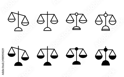 Assortment of eight balance scale icons illustrating justice, law, and equilibrium, available in outline and solid black for diverse applications.