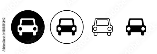Car icon set, front view of automobile in different styles, black and white versions, representing transportation, vehicle, and travel, simple graphic elements