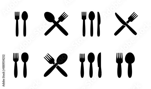 Assortment of eight cutlery icons, including forks, spoons, and knives in various arrangements and styles, symbolizing dining, food, and culinary experiences.