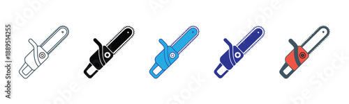 Assortment of five chainsaw icons in distinct styles and colors, including outline, solid black, blue, dark blue, and red, for power tool and cutting equipment representation