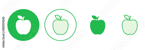 Assortment of four green apple icons, including solid fills and outlines within circles, symbolizing fruit and healthy eating, isolated on white background, depicting natural food and nutrition