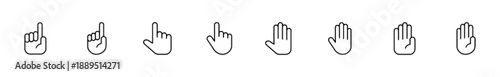 Assortment of hand gesture icons depicting counting and pointing fingers, cursor, and open palm for user interface navigation, selection, or signaling actions on digital platforms