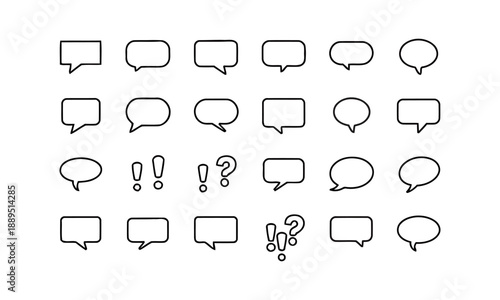 Assortment of speech bubble and chat box icons in outline style for communication messages dialogue and conversation design elements varied shapes for social media or web interface symbols