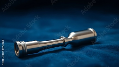 speculum. A polished silver otoscope resting on deep blue velvet, its speculum reflecting light. STEM education sheets, lab safety posters, designed for biotech research communications.