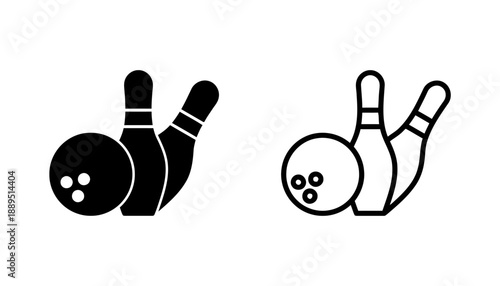 Bowling ball and pins in filled silhouette and outline versions, symbolizing sport, game, competition, and recreation for leisure and entertainment contexts
