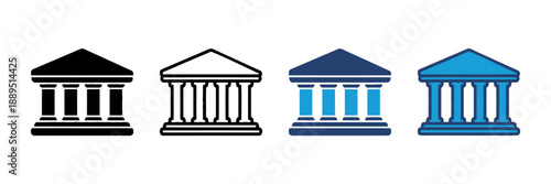 Building architecture icons represent institutions like government banks or courts symbolizing law justice and history in various styles suitable for finance or legal themes