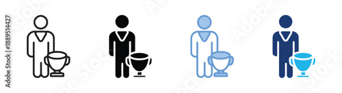 Business achievement icons with stylized figures and trophy cups in various designs: outline, solid black, and two-tone blue and gray