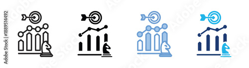 Business strategy icons depicting growth charts, target, and chess piece symbolizing planning and market advancement