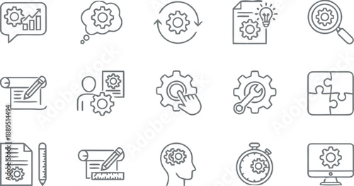 Business and strategy icons with gears, charts, puzzles and tools for process management and project planning development