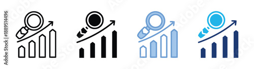 Business growth chart with magnifying glass icon, illustrating financial success, data analysis, market trends, and strategic research for increased profits and development