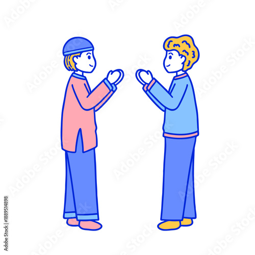 Vector of two Muslim men forgiving each other during the holy month of Ramadan. Concept of apology, reconciliation, kindness, and human connection in Islamic culture.