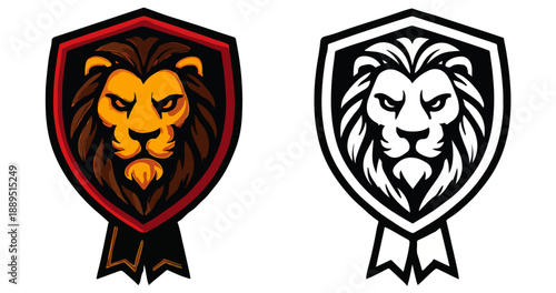 Powerful Lion Head Shield Emblem Mascot and Line Art