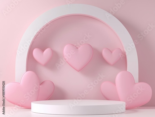 Pink hearts and a white podium creating a romantic, inviting backdrop, ideal for showcasing products or celebrating love