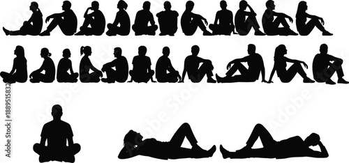 Black sitting and relaxing people silhouette vector set showing men and women in different seated and lying poses isolated on white background