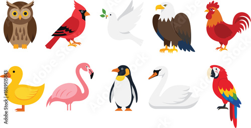 Colorful cartoon bird icon set featuring owl, cardinal, dove, eagle, rooster, duck, flamingo, penguin, swan and parrot