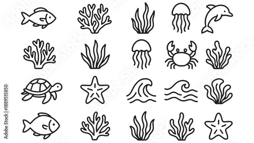 A collection of ocean icons featuring marine life and coral