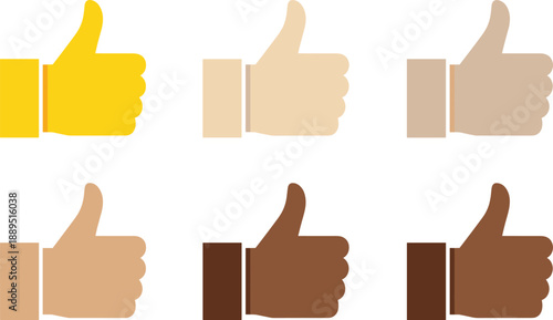 Thumbs up hand gesture icons in multiple skin tones showing approval, success, positivity and social feedback reactions