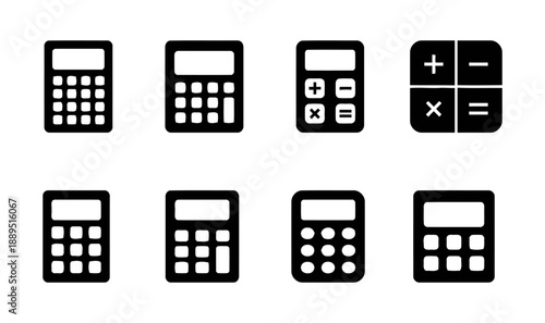 Collection of eight calculator icons in different designs, featuring buttons and screens, representing calculation, mathematics, finance, and technology.