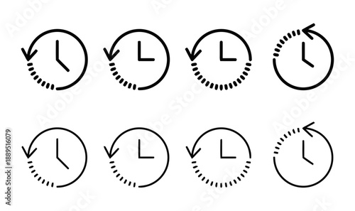 Collection of eight circular clock icons with arrows indicating time passing, different styles from solid to dotted lines, representing time management and history concepts.
