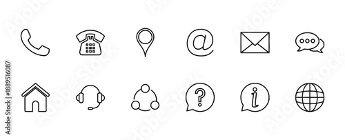 Collection of essential contact and communication icons for business and personal use including phone, location, email, chat, home, and network symbols for web design