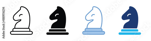 Chess knight piece icon in four styles outline black blue and blue with base symbolizing strategy board game and competition in abstract design concept