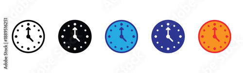 Clock icons depicting time measurement and scheduling in different color palettes and styles for digital interfaces and applications