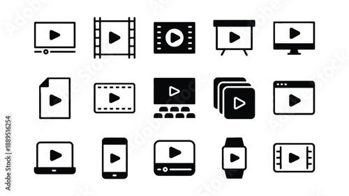 A collection of play button icons on various digital devices and media