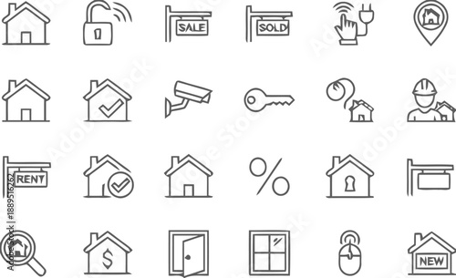 Collection of 25 detailed outline icons for real estate, including houses, sale signs, keys, security cameras, locks, and location pins, catering to property search, rental, and sales industries