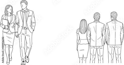 Business people walking together line art illustration front and back view isolated on white background for corporate teamwork concept design usage