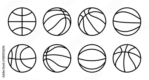 Collection of basketball illustrations with detailed lines and seam patterns, representing sport equipment, game play, and athletic activities. Versatile graphics for sports themes and design elements