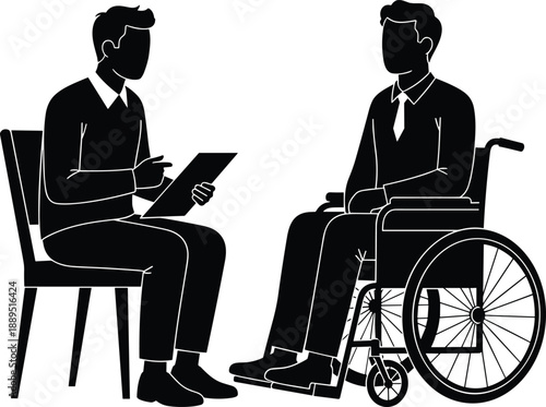 Silhouette of seated person with clipboard and individual in wheelchair, communication and inclusivity theme illustration, transparent background graphic