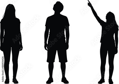 Black standing people silhouette vector set showing man and woman in different poses including pointing and looking up isolated on white background