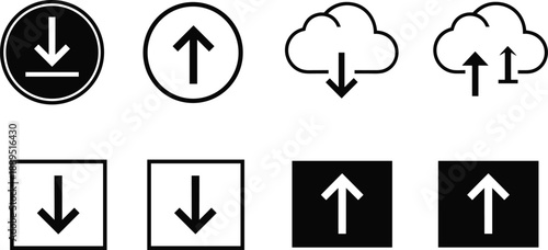 Download and upload arrow icons set with cloud symbols black white solid vector illustration for ui interface web app design