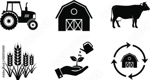 Farm agriculture icons set featuring tractor barn cow wheat crop irrigation hand sustainability and circular farming symbols for modern rural design use